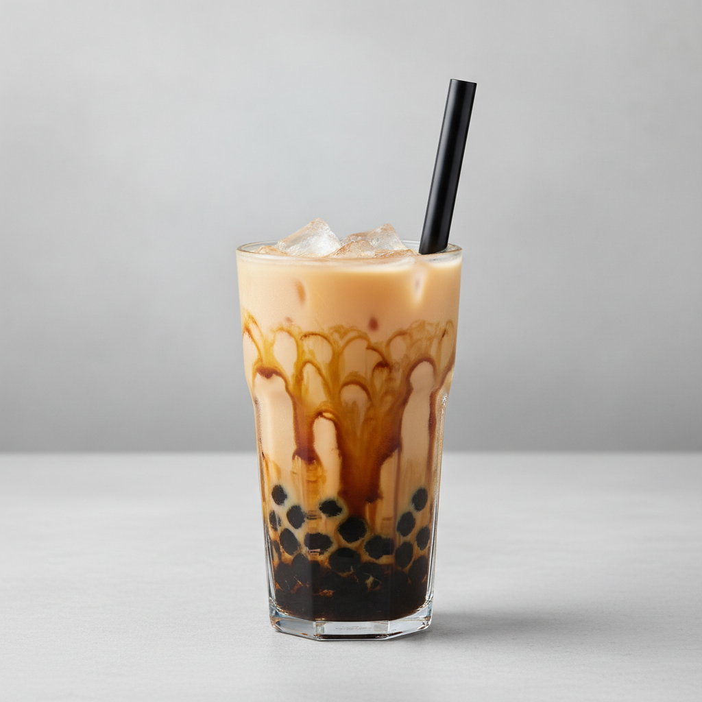 Finished brown sugar boba milk tea in a clear glass with ice