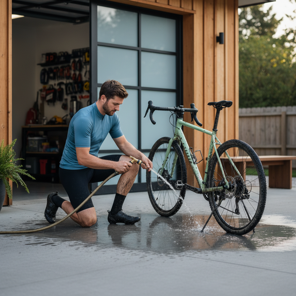 Rider rinsing muddy legs and bike with low-pressure water after a ride