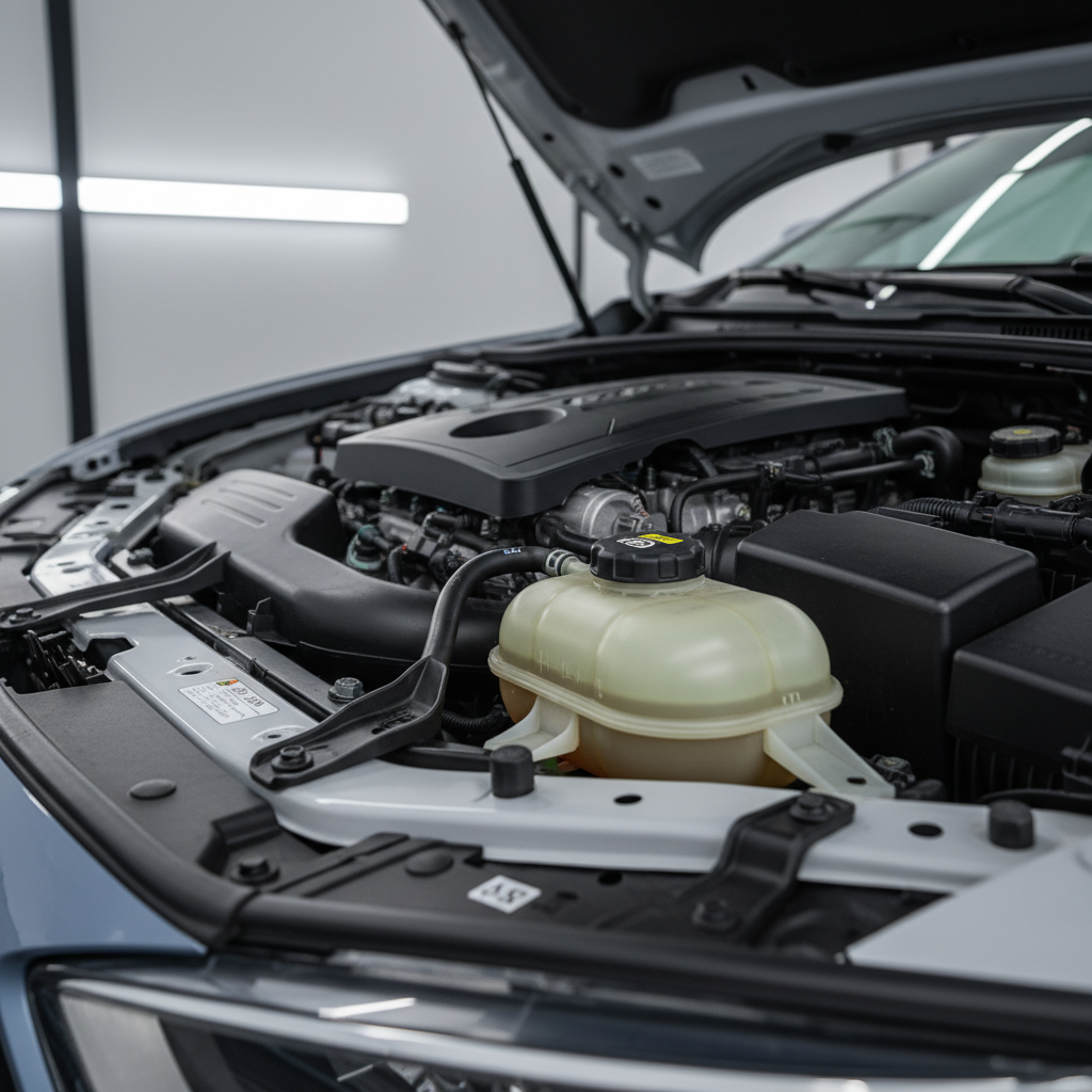 Mechanic-style view of engine bay showing radiator cap and coolant reservoir before a coolant flush