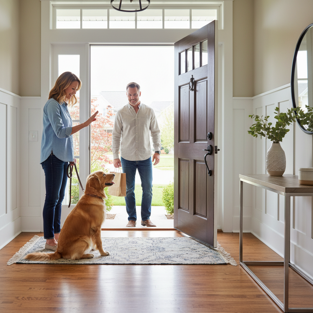 Owner practicing place cue while a guest waits at the door