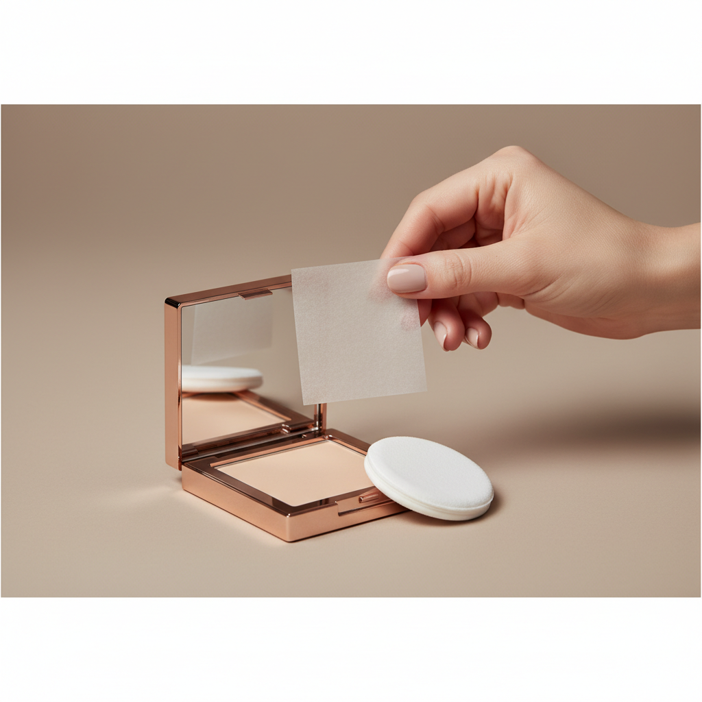 Blotting papers and pressed powder compact for oily skin touch-ups