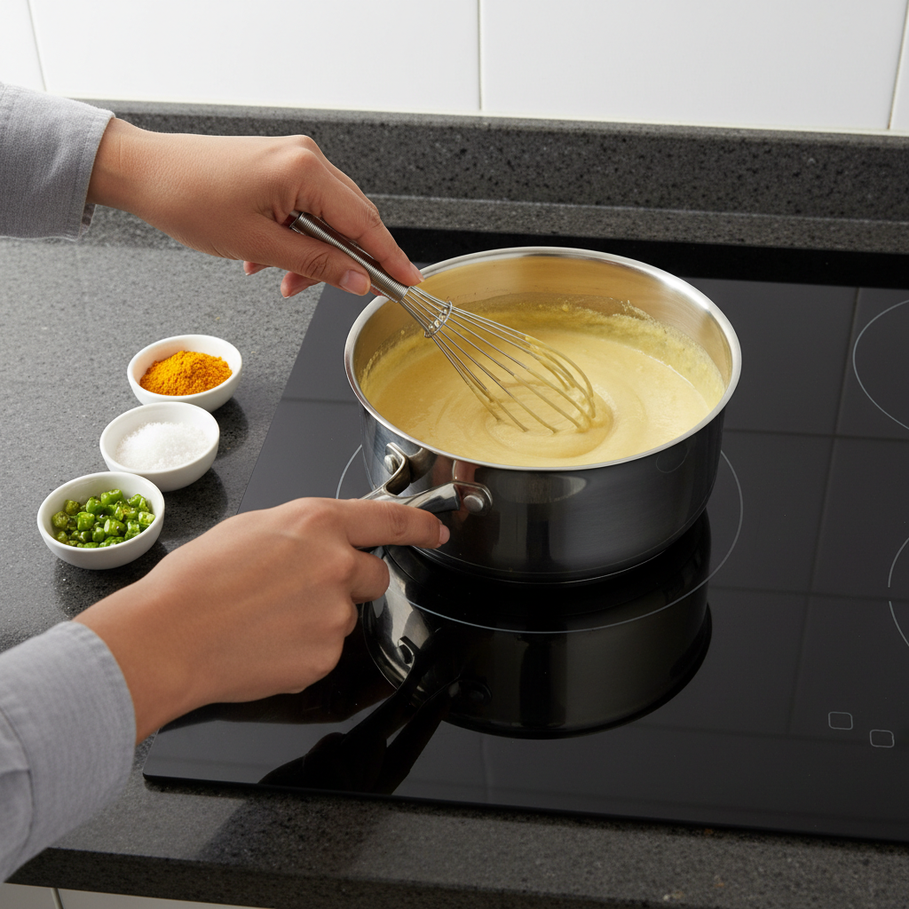 Whisking besan and yogurt mixture for khandvi batter in a saucepan