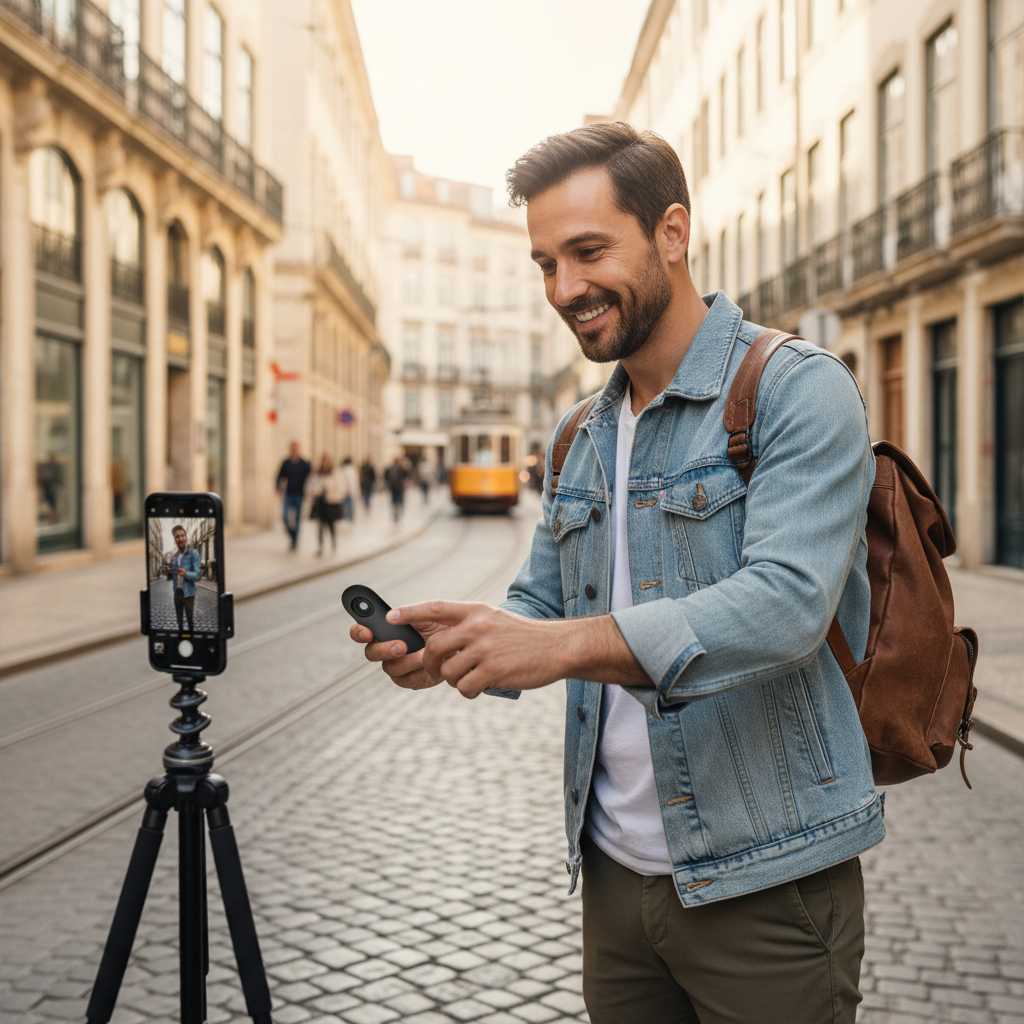 Traveler using a Bluetooth remote with a phone tripod for hands-free travel photos