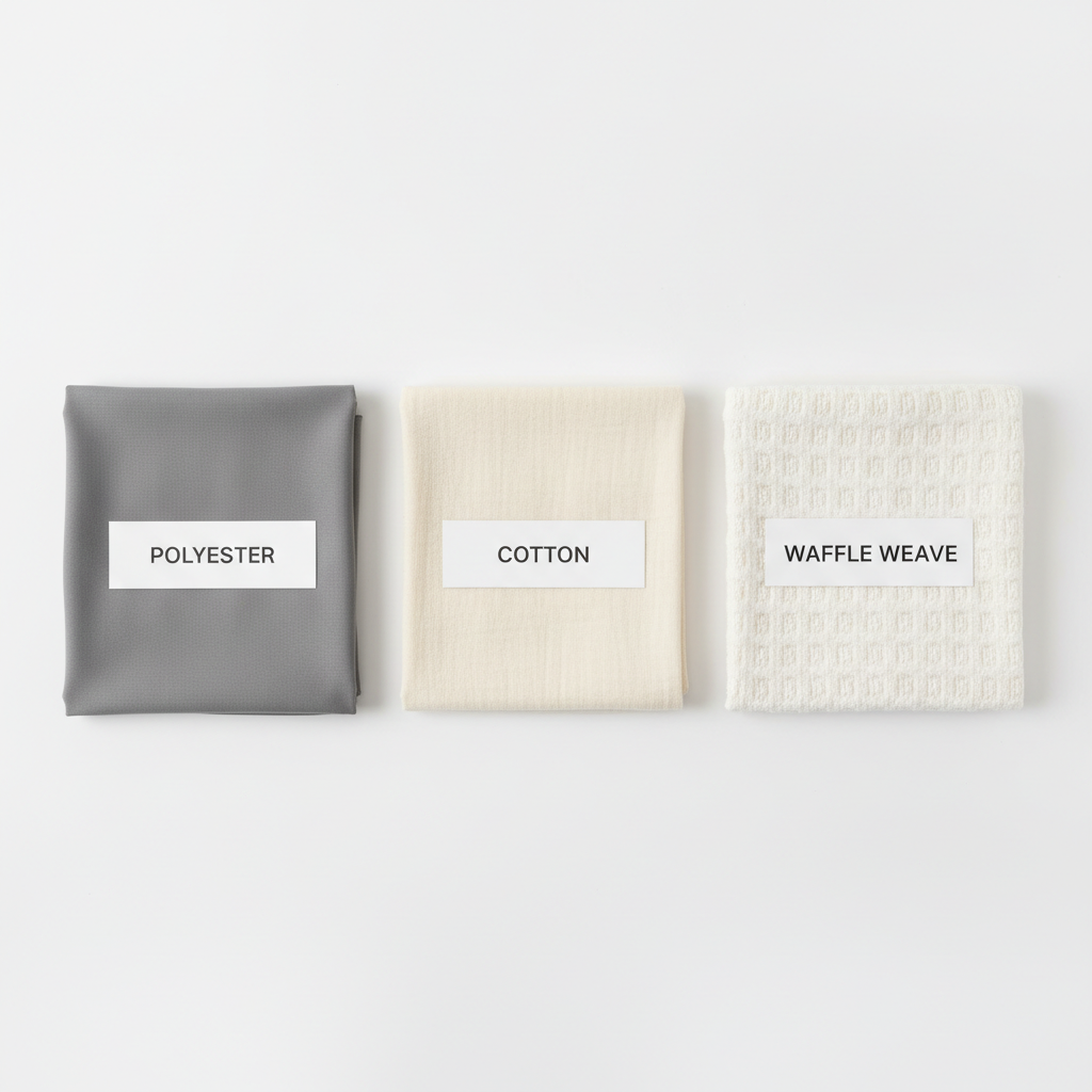 Comparison of shower curtain fabrics like polyester cotton and waffle weave