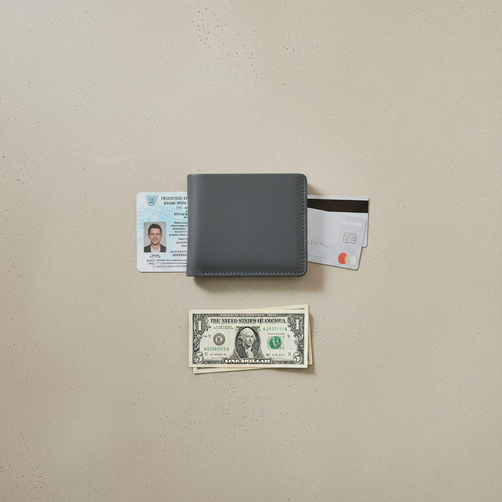 Minimalist wallet essentials with only key cards, ID, and a few bills on a clean surface
