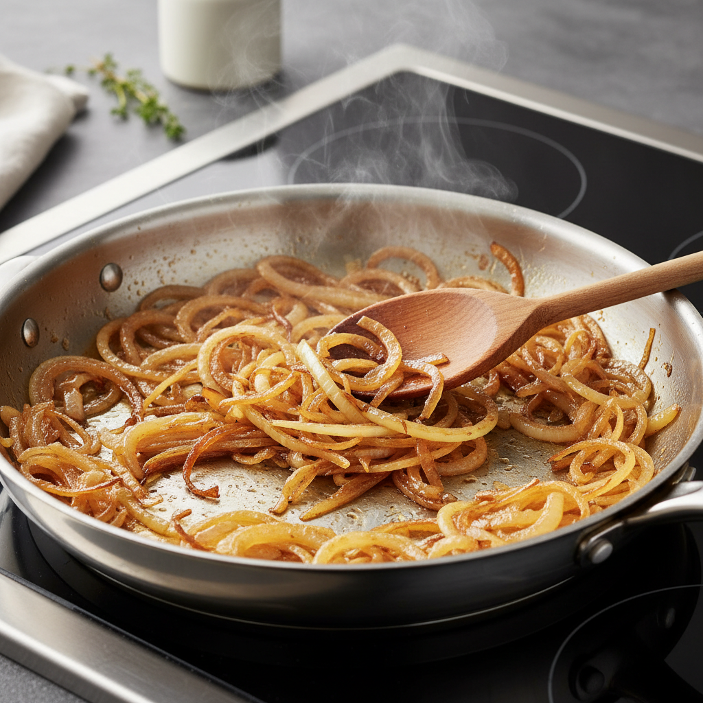 Caramelizing onions for chicken biryani in a skillet