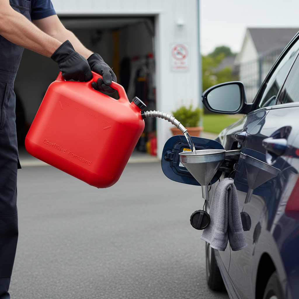 Safe gasoline transfer to a car using a funnel outdoors away from ignition sources