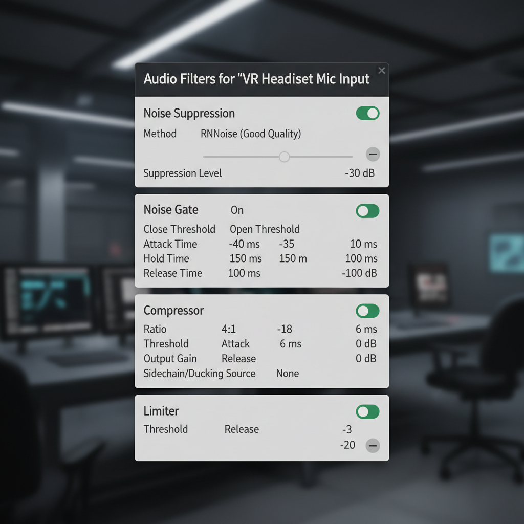 OBS audio filters setup for VR streaming microphone with compressor, limiter, and noise suppression