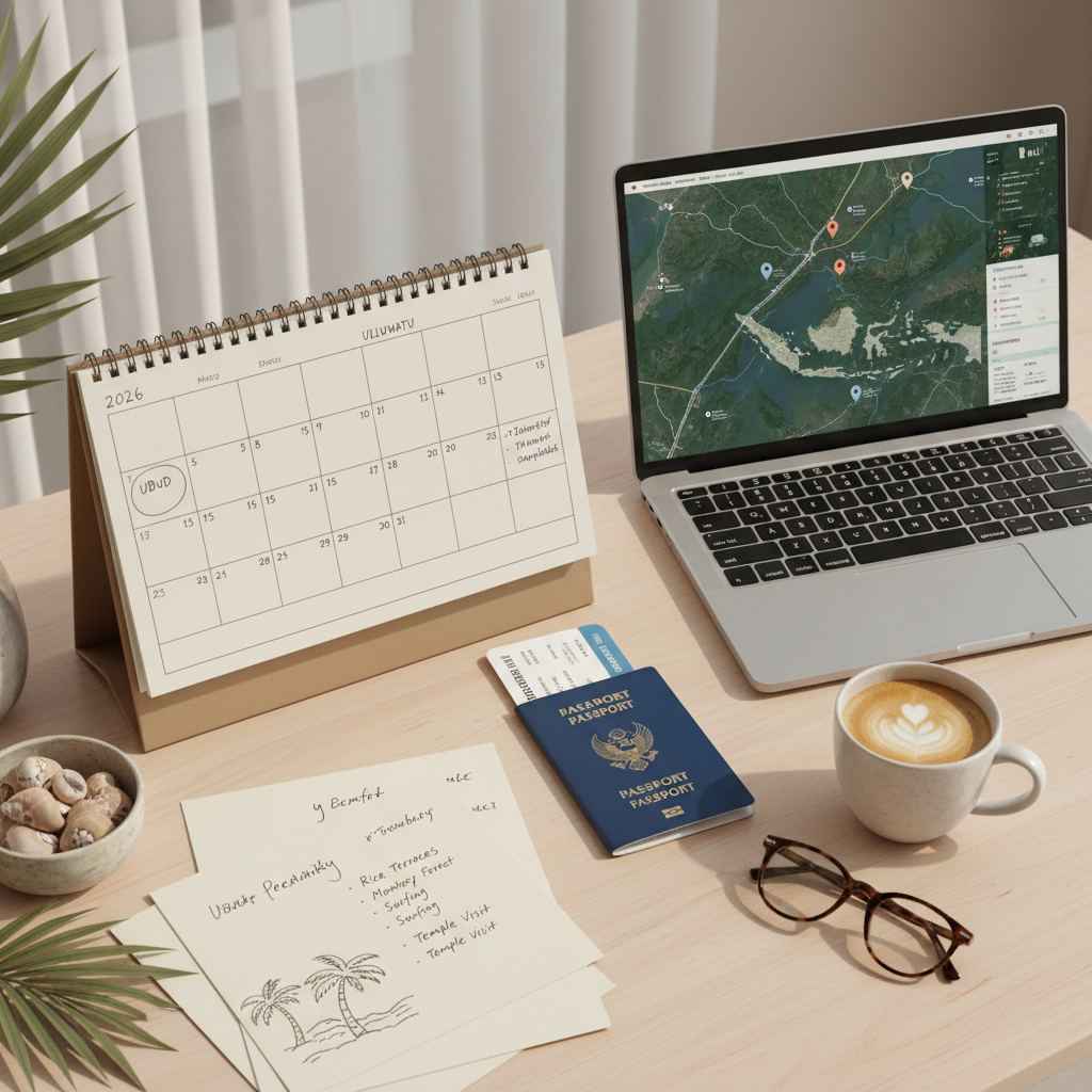 Bali trip planning desk with calendar, itinerary notes, and beach-and-temple photos for 2026 travel guide