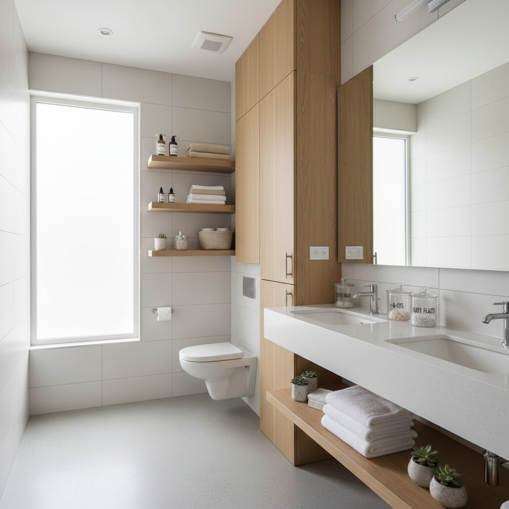 Small bathroom with vertical storage and organized vanity