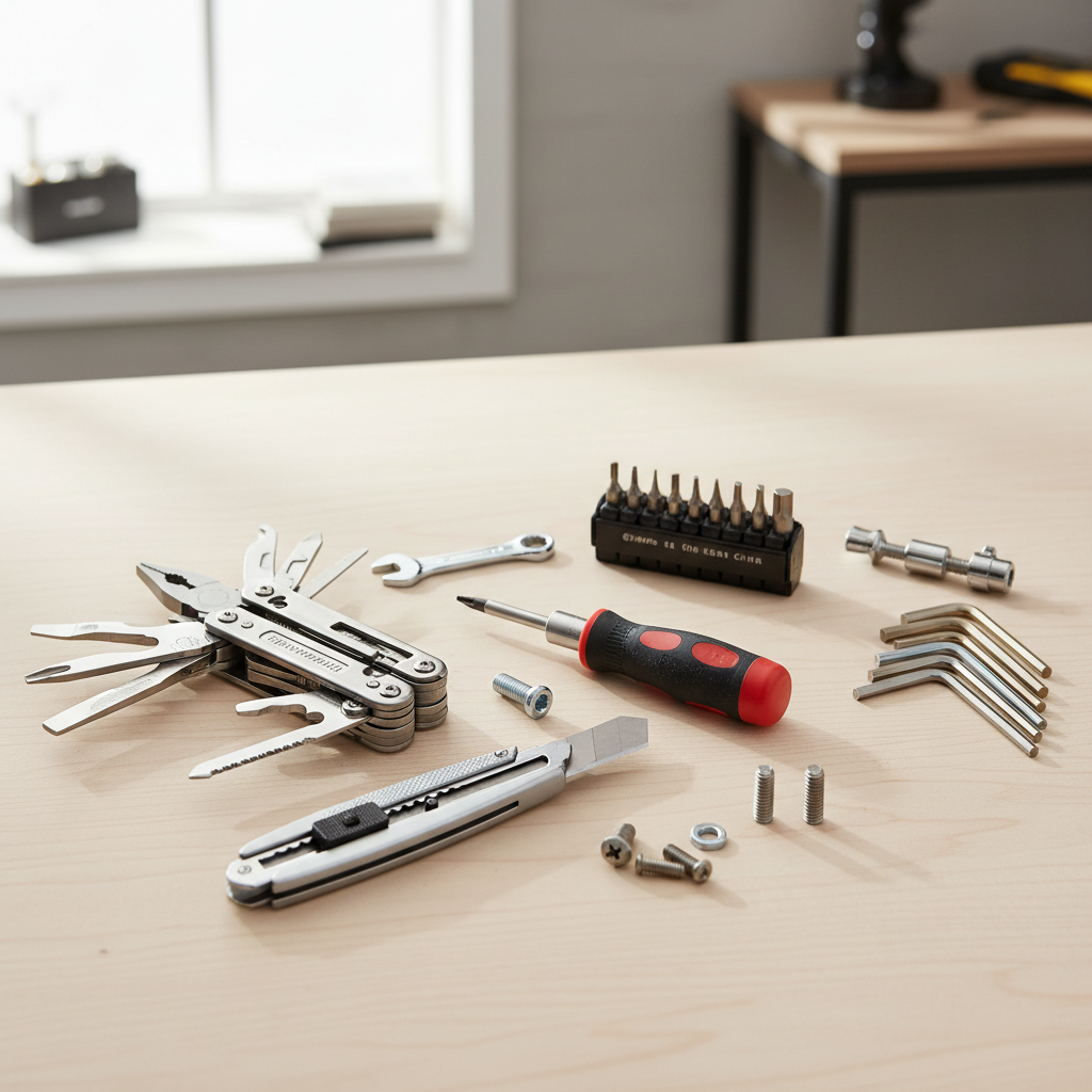 Multi tool kit laid out for basic home repairs with common bits and attachments