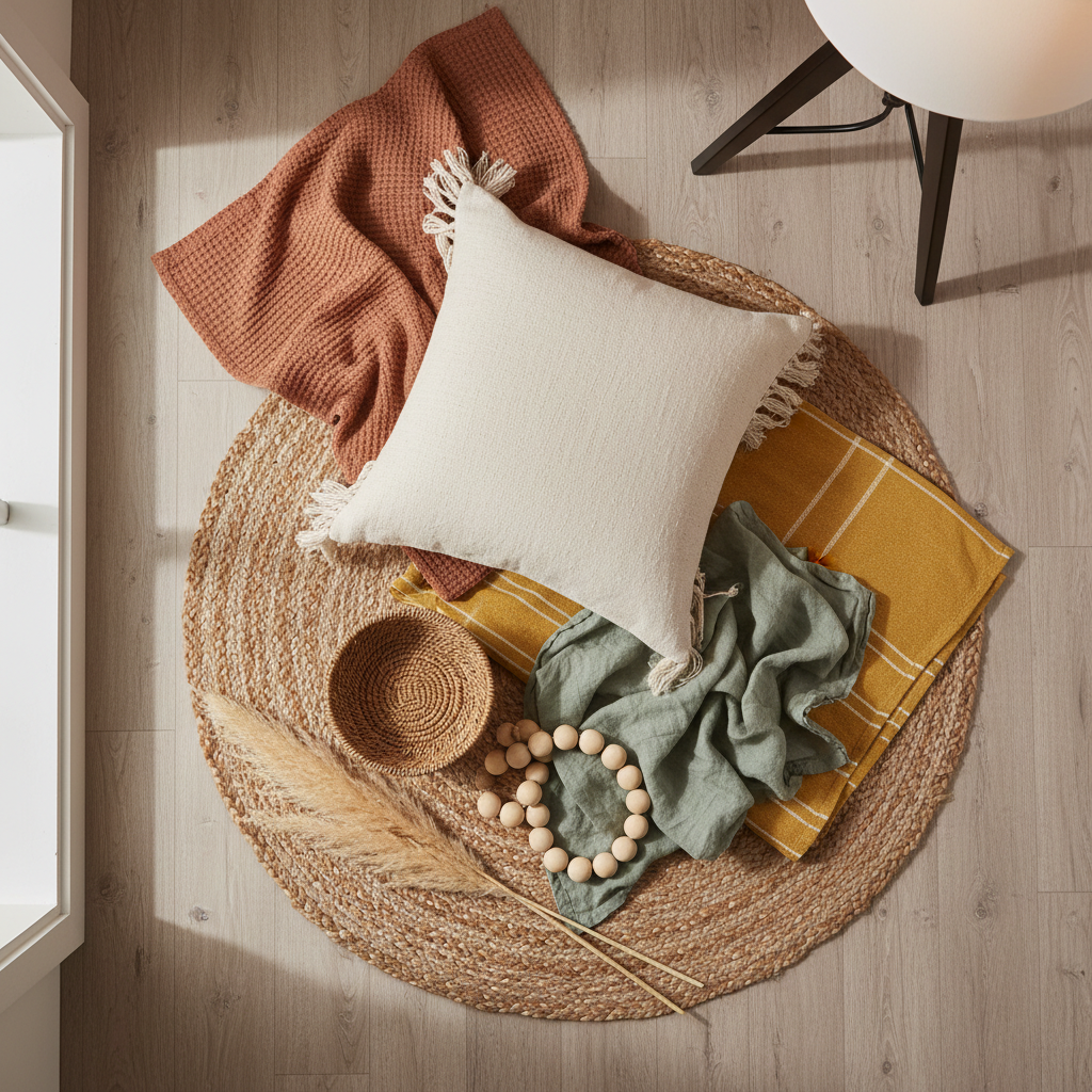 Budget boho living room palette with earthy colors textiles and natural materials