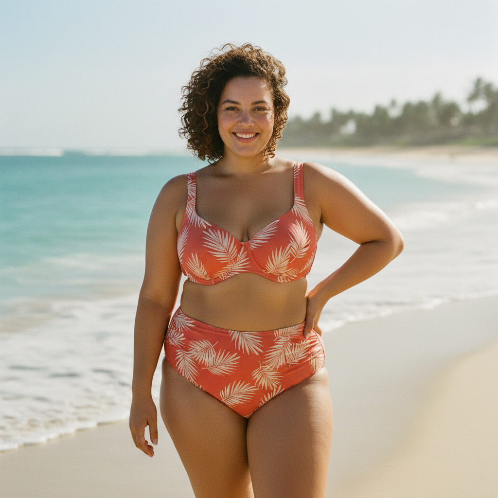 Curvy woman at beach wearing high-waisted bikini with supportive top, confident posture