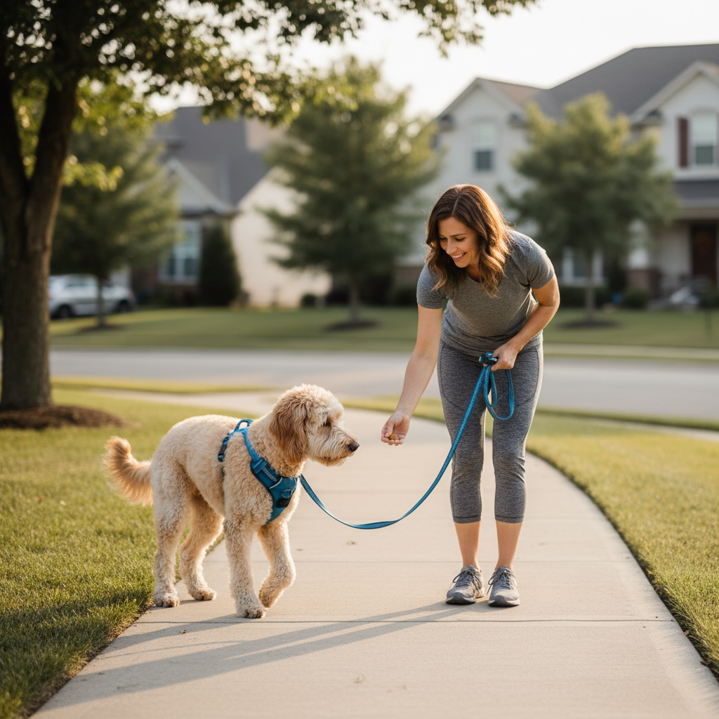 Handler rewarding dog for loose leash walking on a quiet neighborhood sidewalk