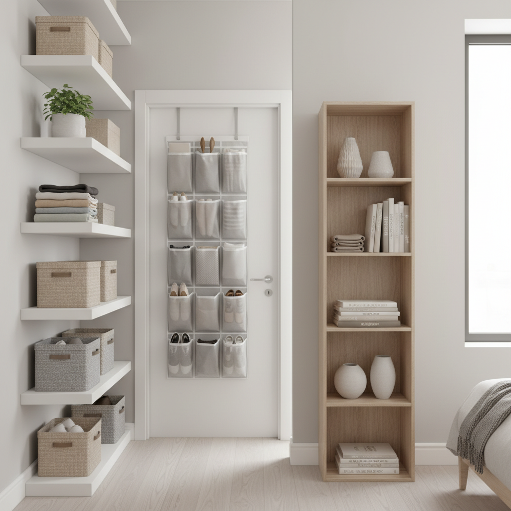 Renter-friendly vertical storage using wall shelves and over-the-door organizers in a small apartment