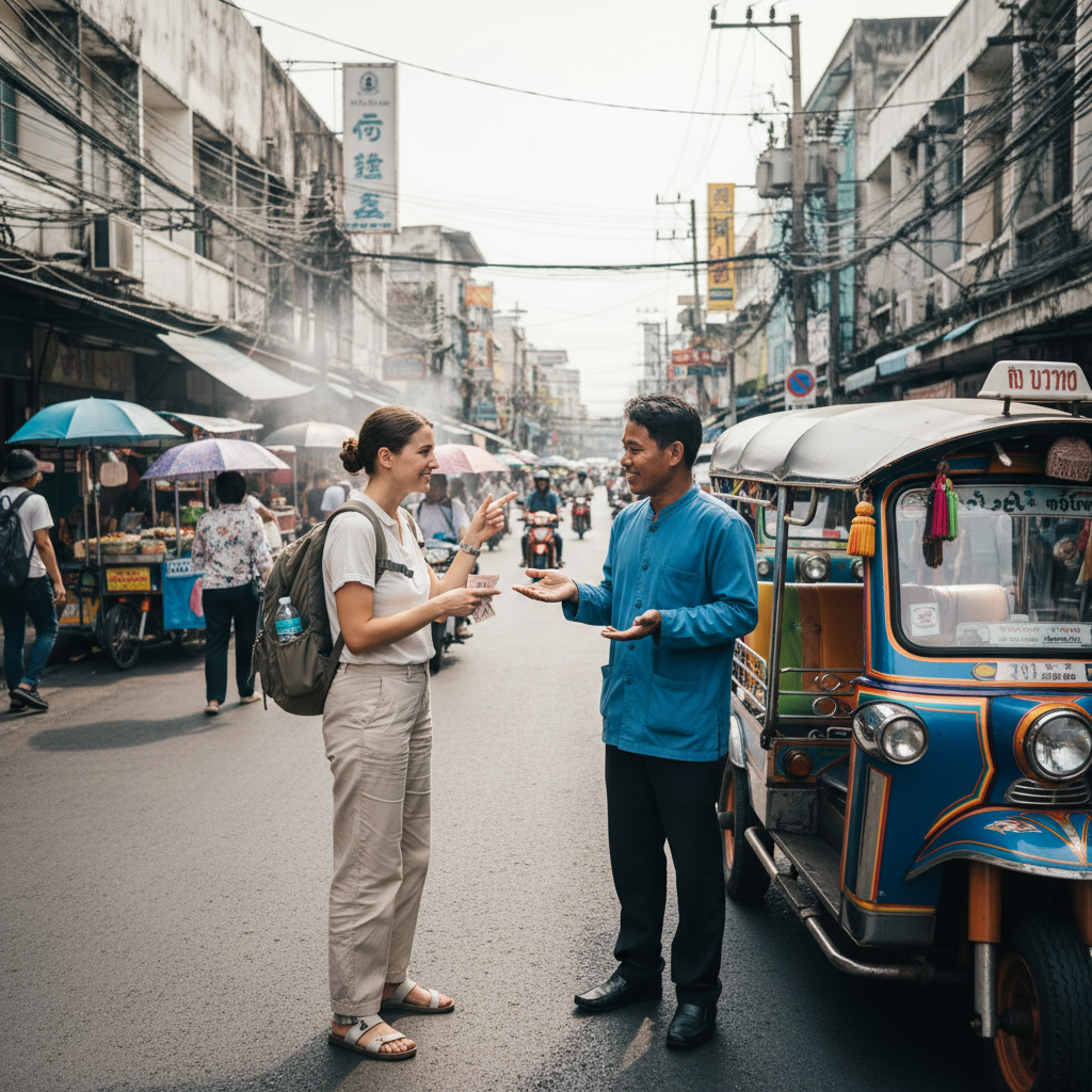 Tuk-tuk negotiating price with tourist in Thailand