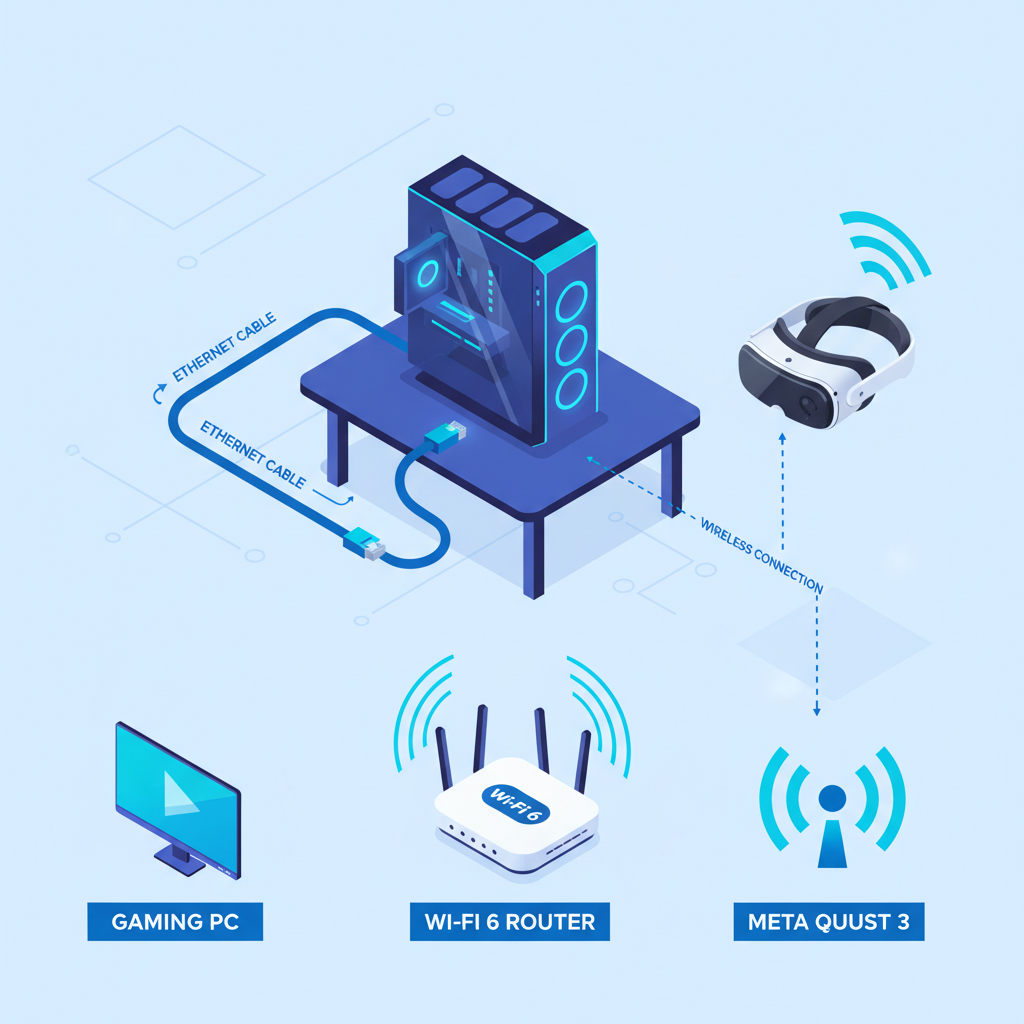 Air Link wireless PC VR setup with router and Ethernet PC