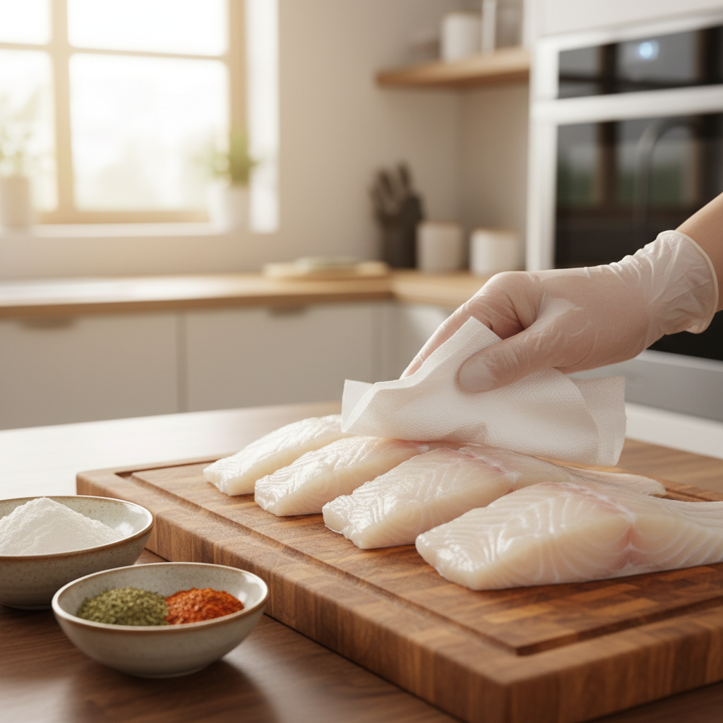 Raw white fish fillets patted dry on a cutting board before breading