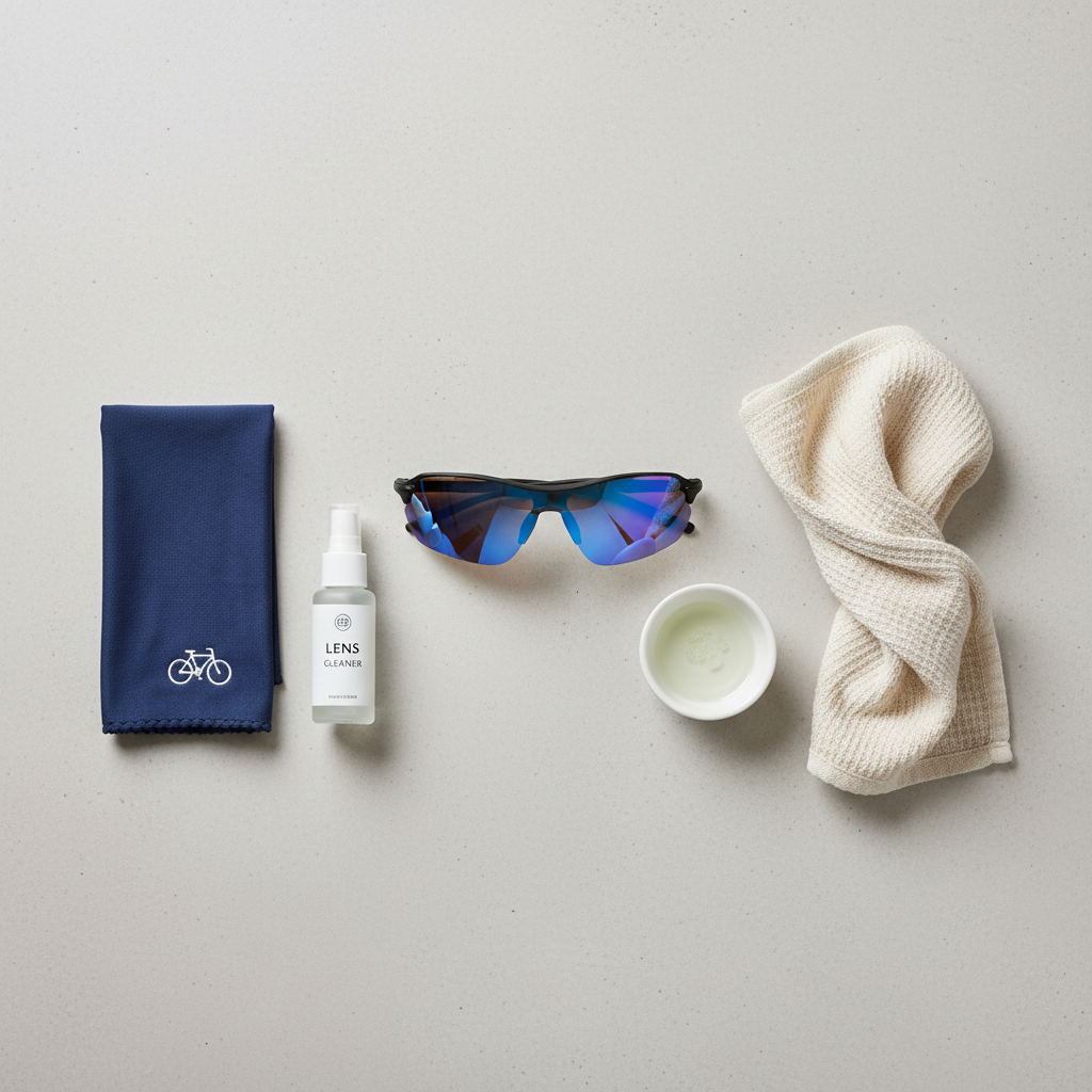 Lens cleaning kit with microfiber cloth, mild soap, and spray cleaner for cycling sunglasses