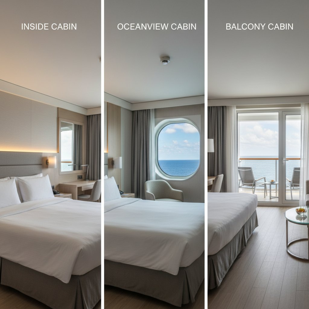 Cruise cabin comparison showing inside, oceanview, and balcony options