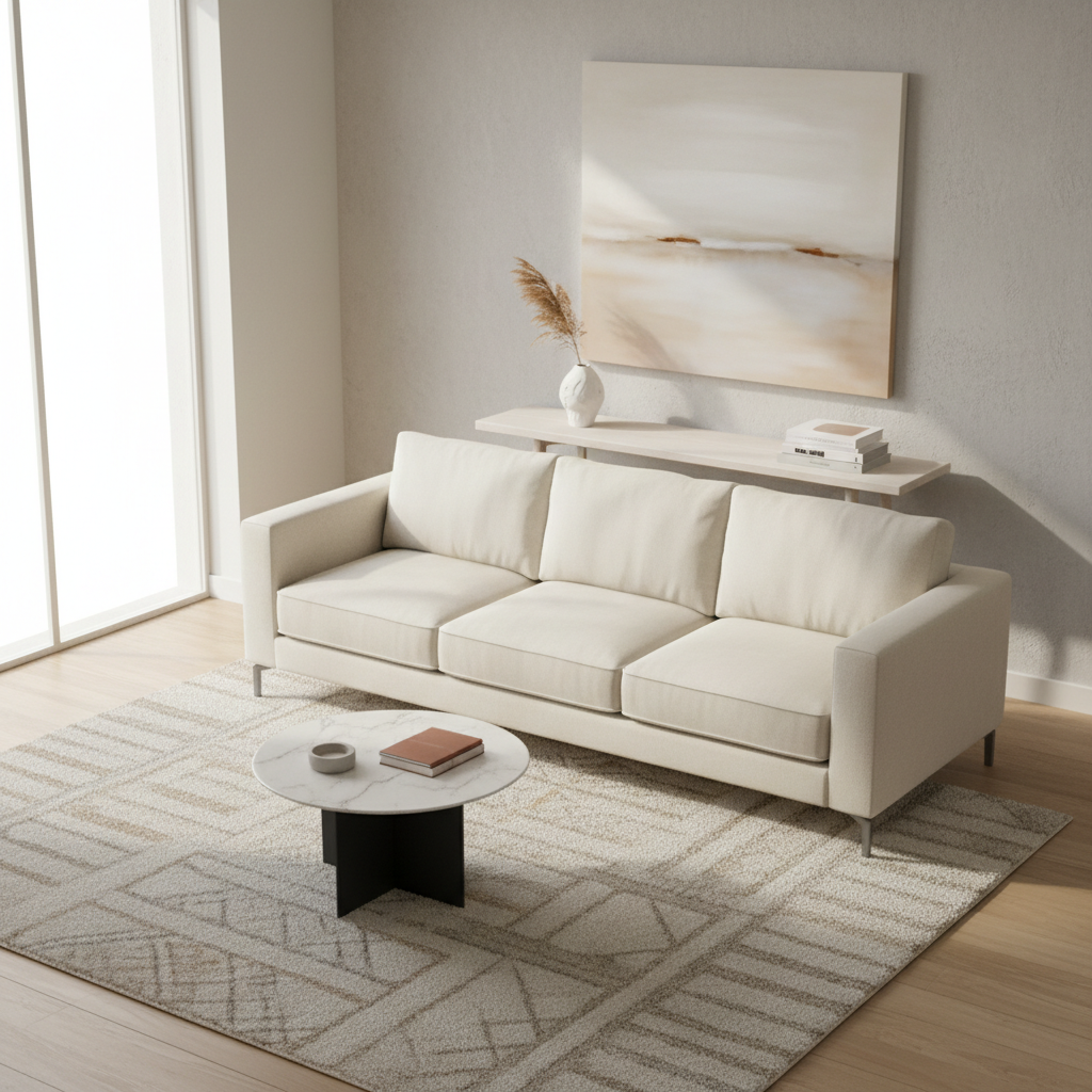 Compact living room with floating sofa, slim console table, and defined rug area