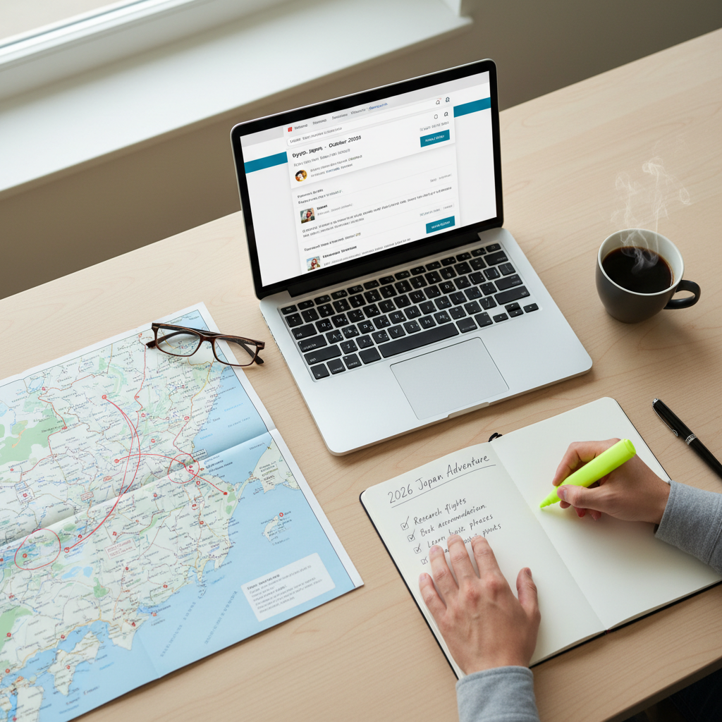 Beginner traveler planning a 2026 trip with laptop, map, and notebook
