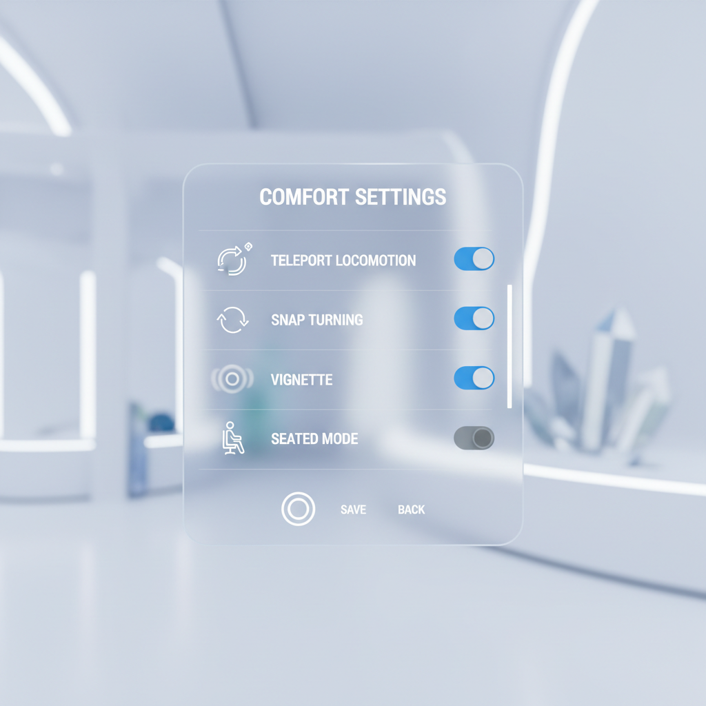 VR comfort settings menu showing teleport movement and vignette options