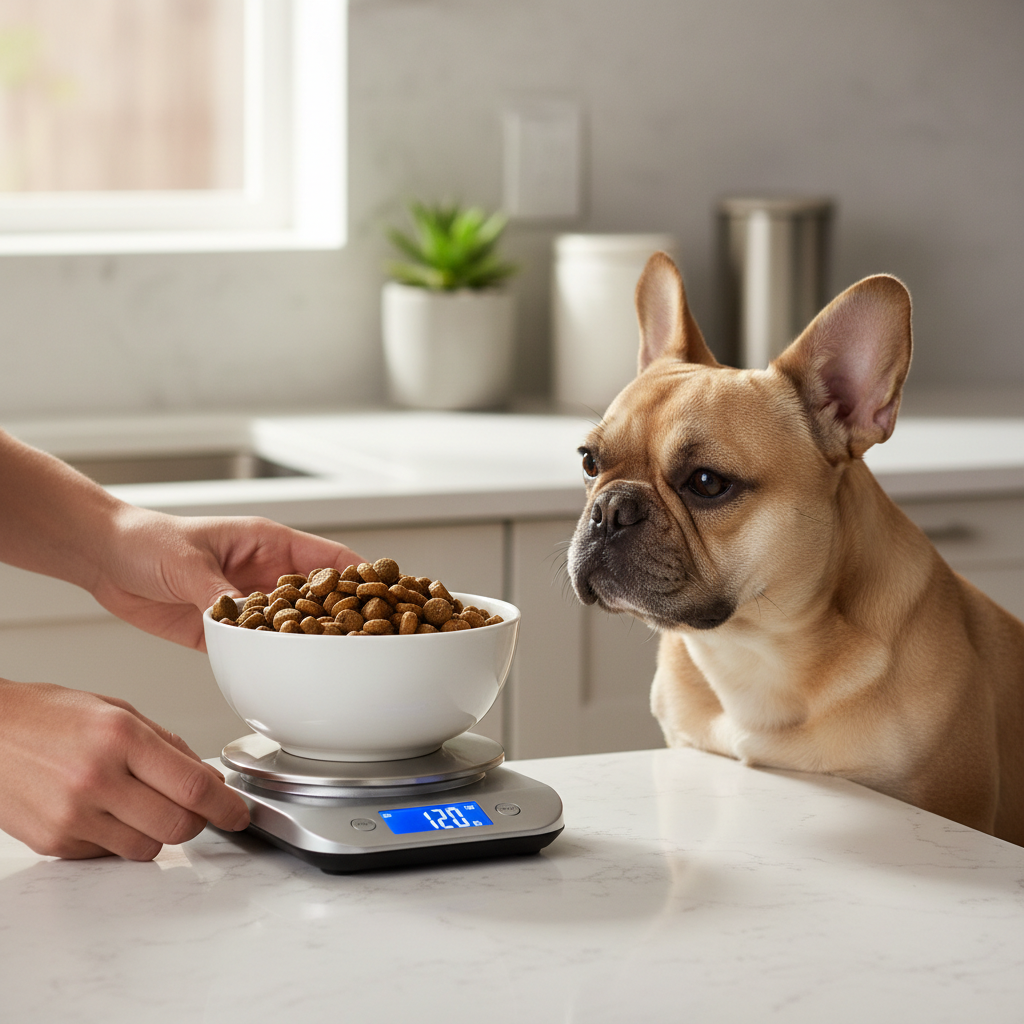 Measuring dog food portions on a kitchen scale for a French Bulldog