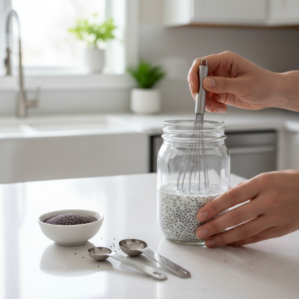 Step-by-step mixing chia seeds into milk in a mason jar to prevent clumps