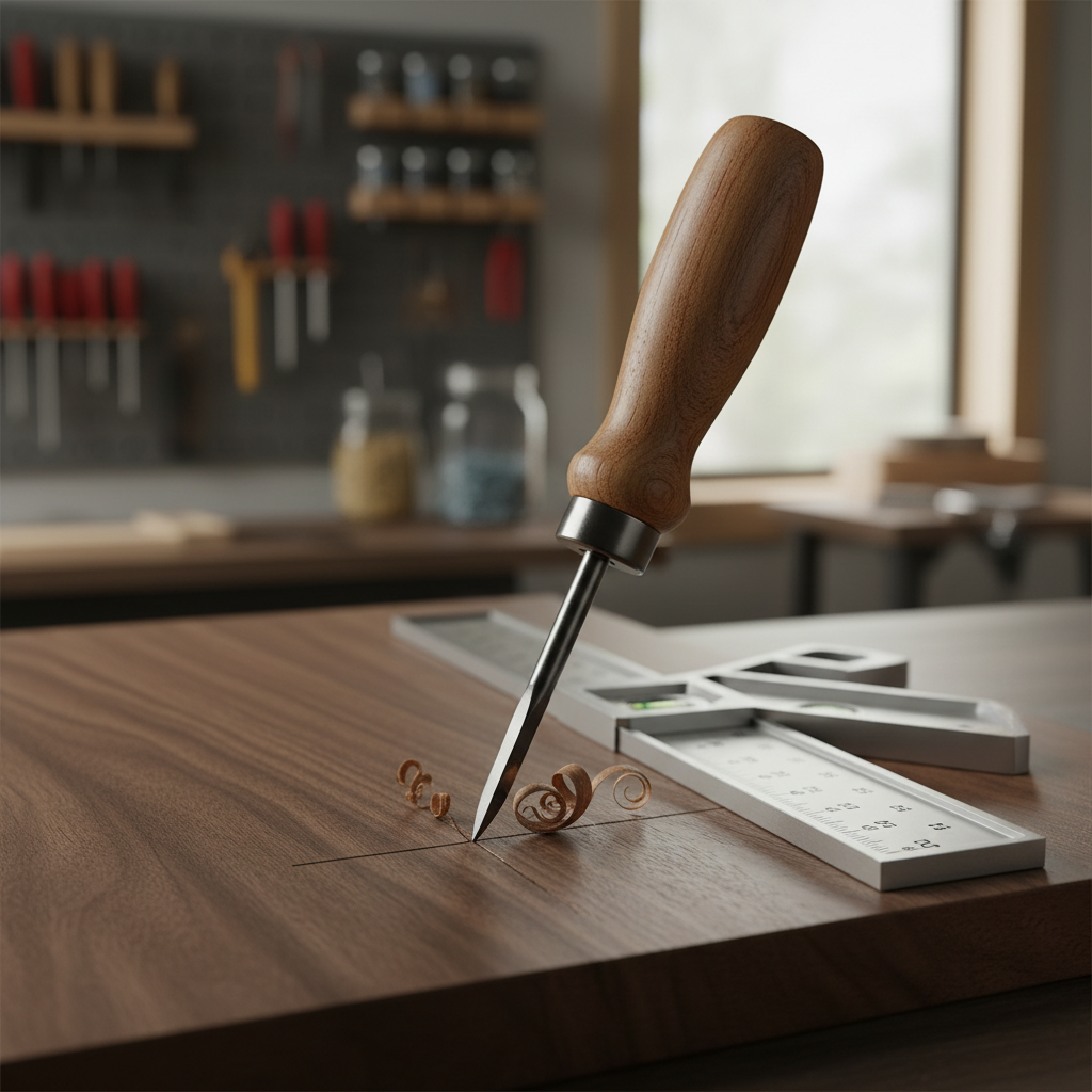 Scratch awl marking a precise line on hardwood next to a combination square