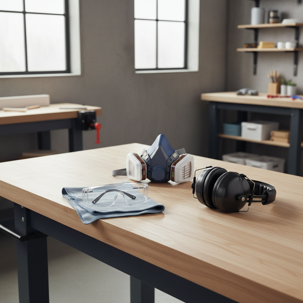 Safety glasses next to respirator and hearing protection on a woodworking bench