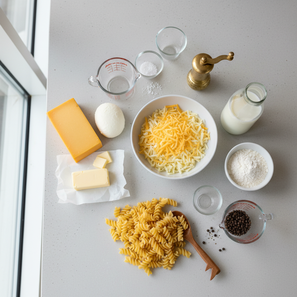 Ingredients for creamy mac and cheese including cheddar, milk, butter, and pasta