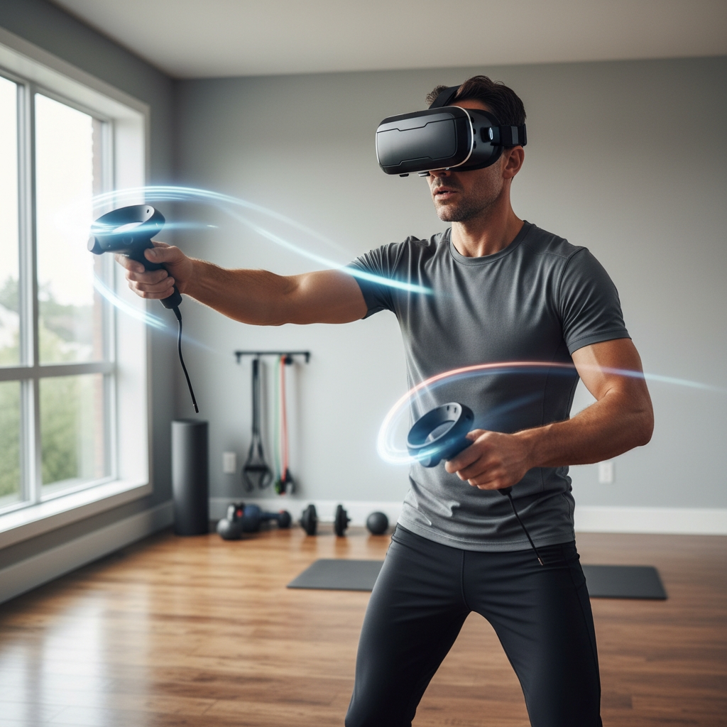 Person doing VR rhythm workout with headset and controllers, sweating lightly