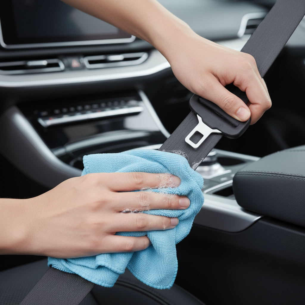Hands cleaning a seat belt webbing with mild soap and microfiber cloth