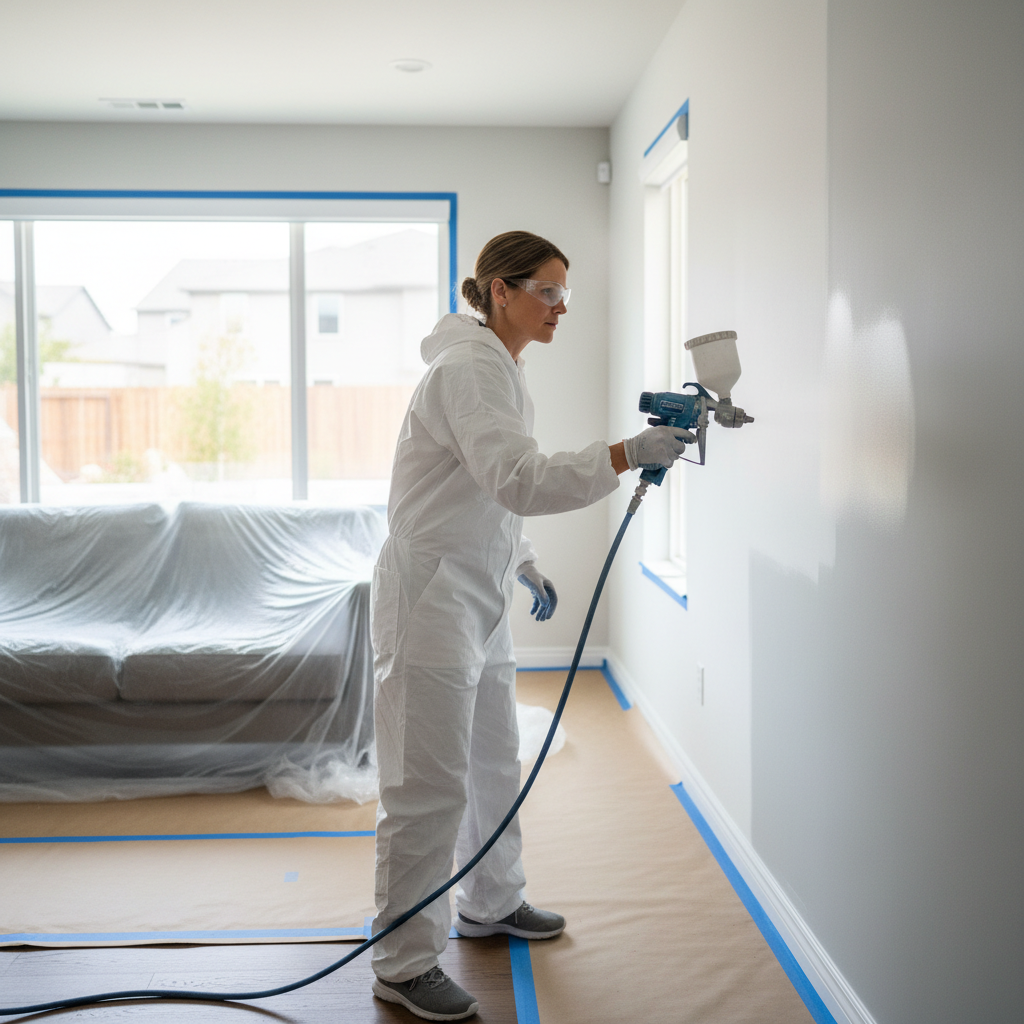 DIY homeowner using a paint sprayer indoors with masking and plastic sheeting