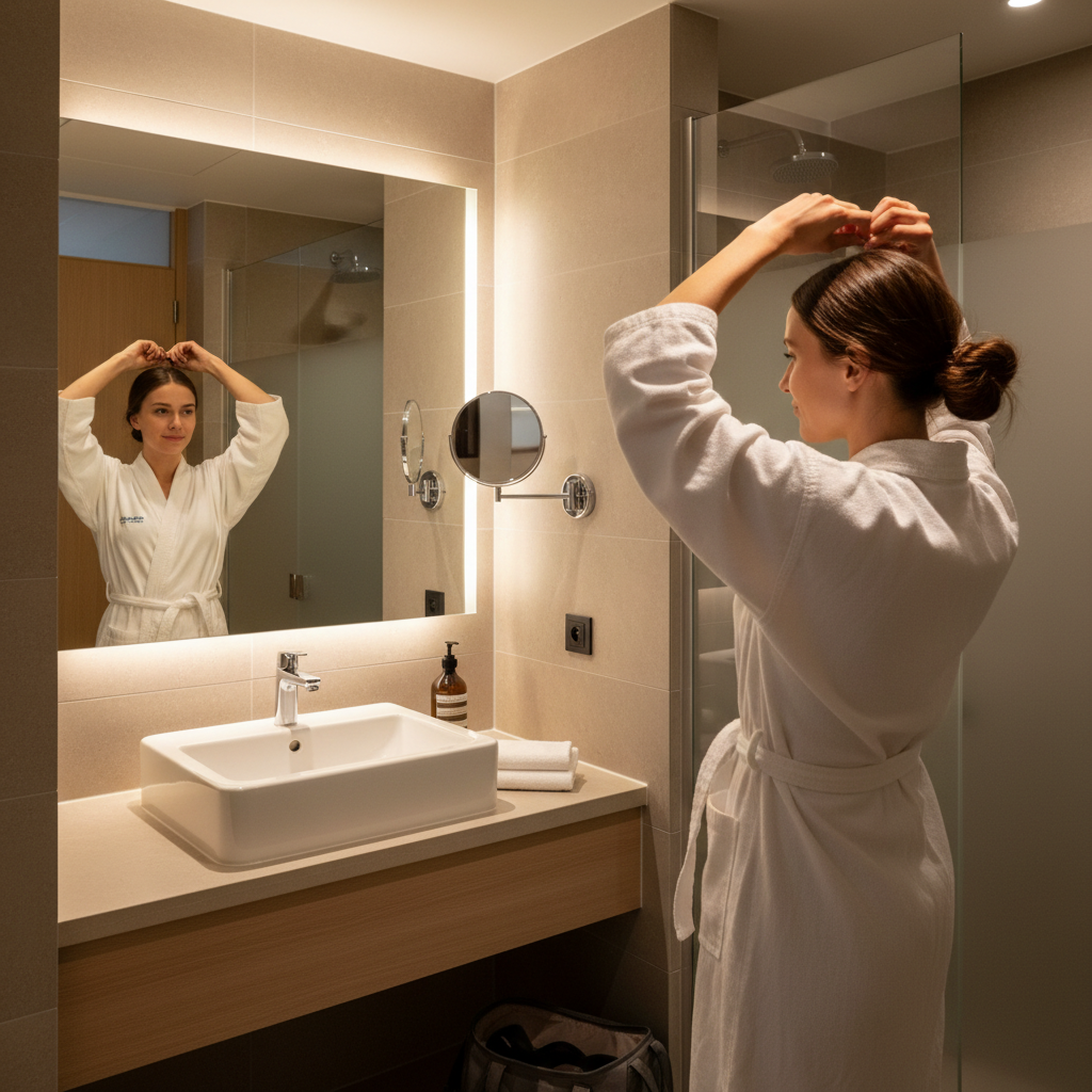 Woman doing a quick low bun in a small hotel bathroom mirror