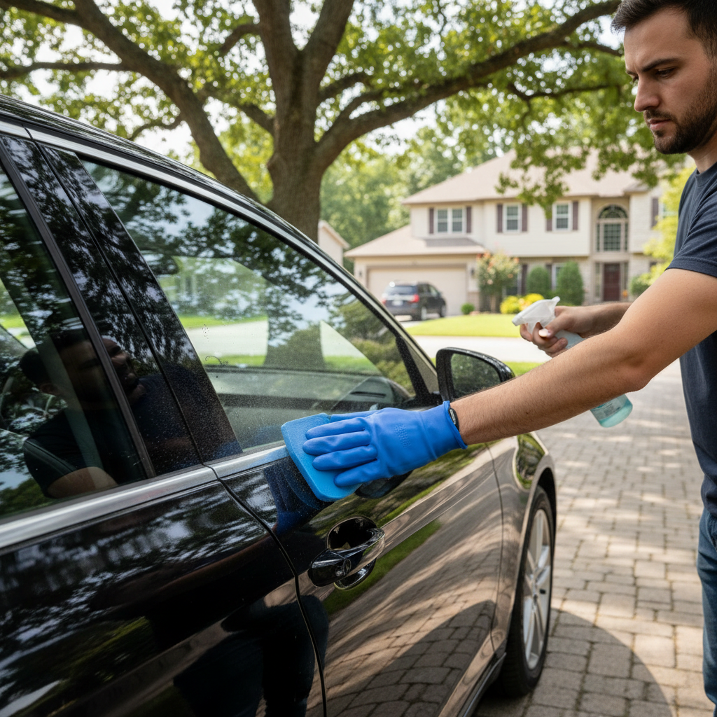 Claying a car panel with plenty of lubricant in a driveway