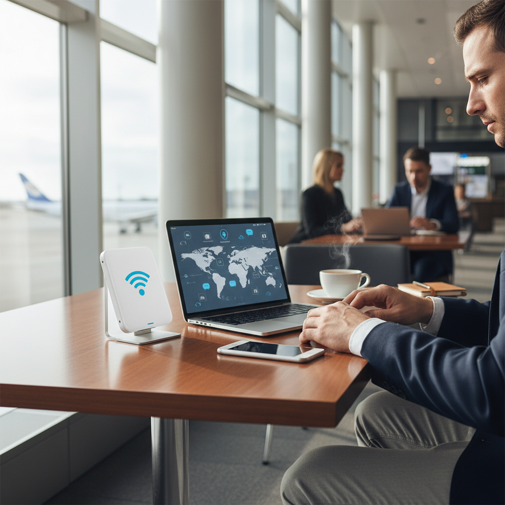 Traveler using a portable WiFi hotspot in an airport terminal