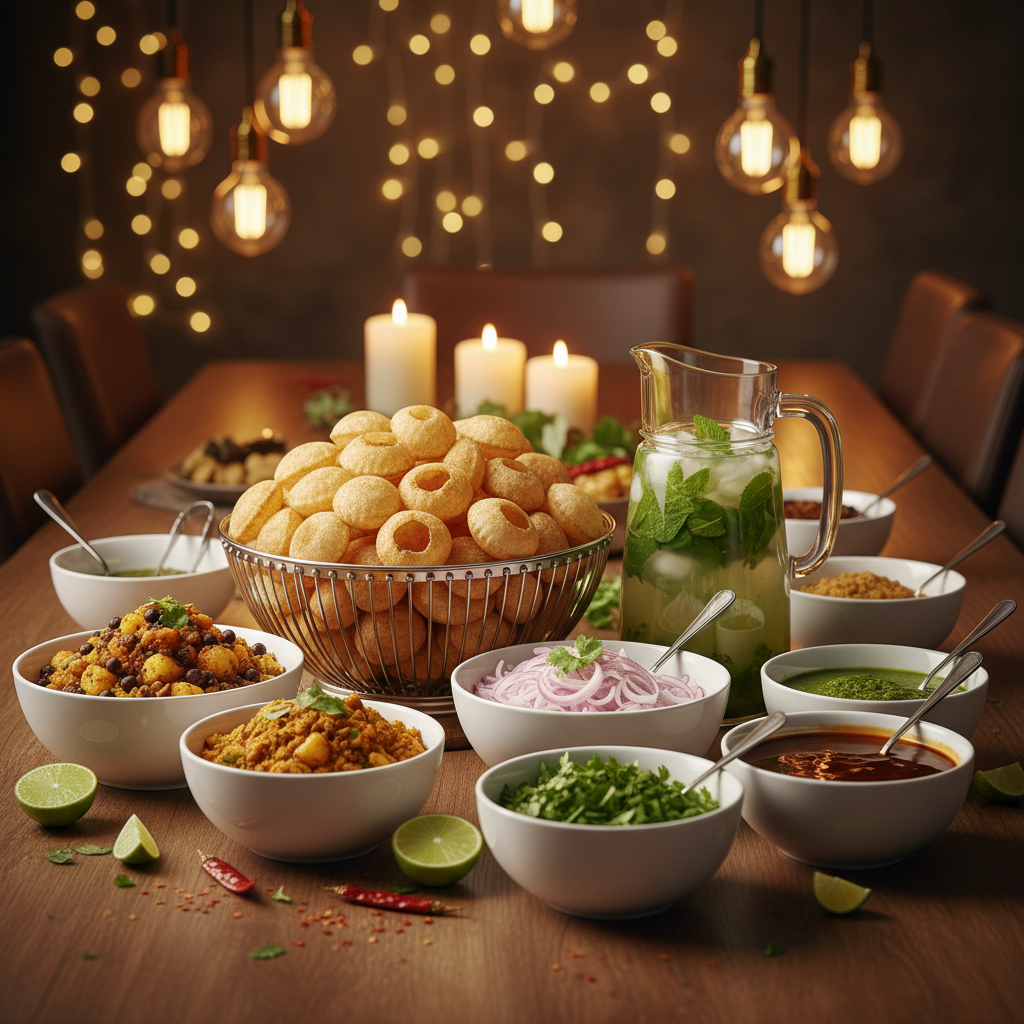 Pani puri party setup with bowls of fillings, chutneys, and chilled pani