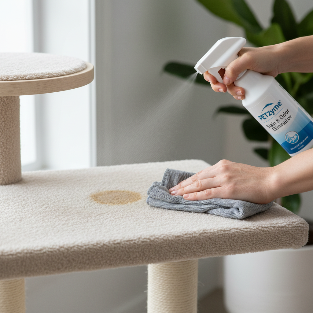 Applying enzyme cleaner to a cat tree stain and blotting with microfiber cloth