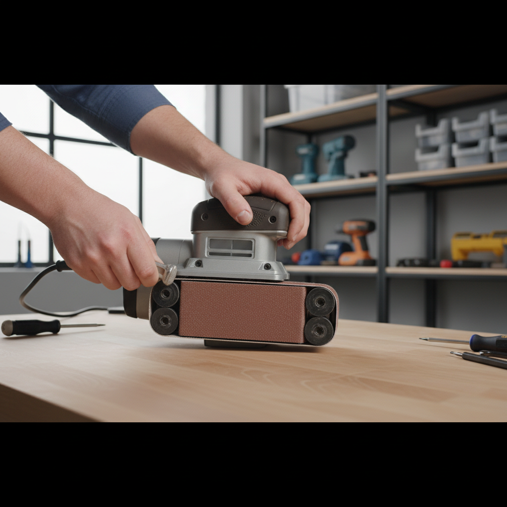 Hands adjusting belt tracking knob on a belt sander on a workbench