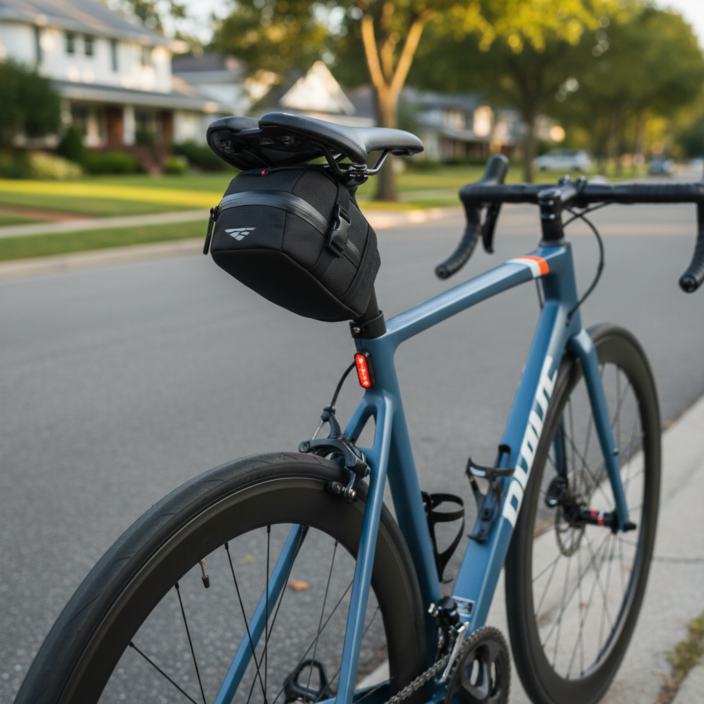 Road bike with a compact saddle bag mounted under the seat for carrying tools