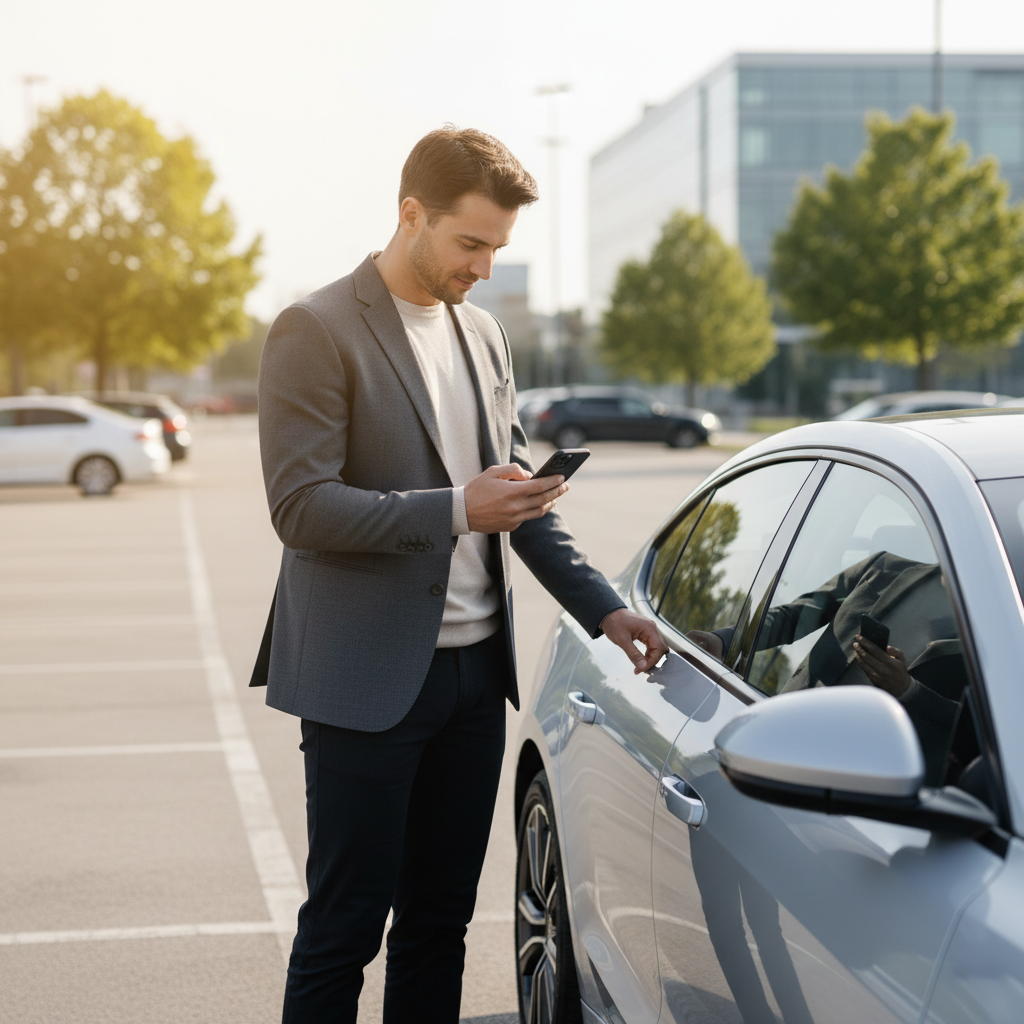 Driver locked out of a car checking door handle and phone for roadside assistance