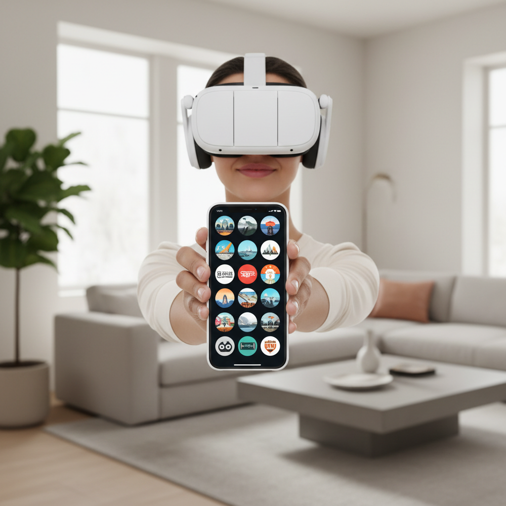 VR headset user browsing 360 video apps on a smartphone