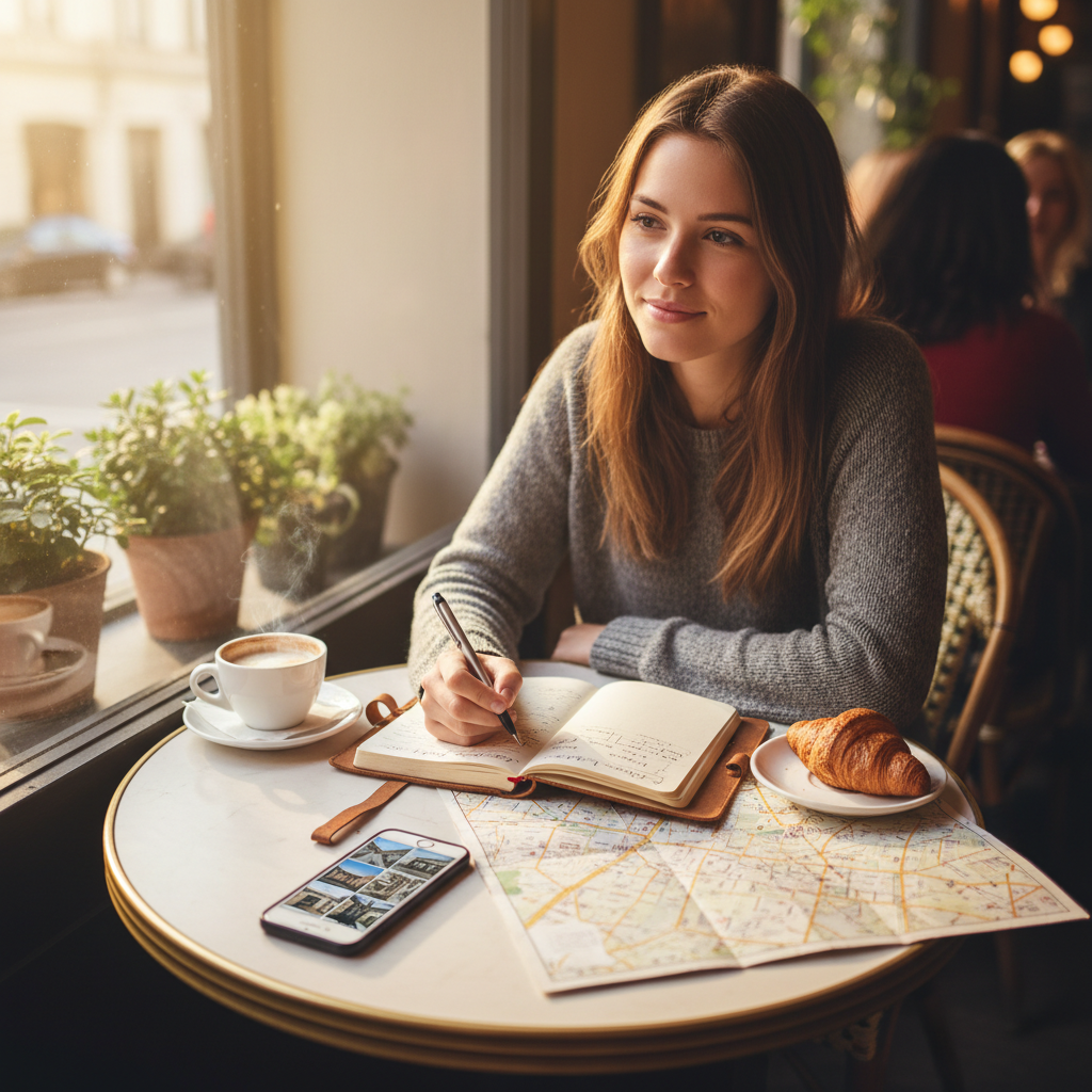 Traveler writing in a journal at a cafe while reviewing a map