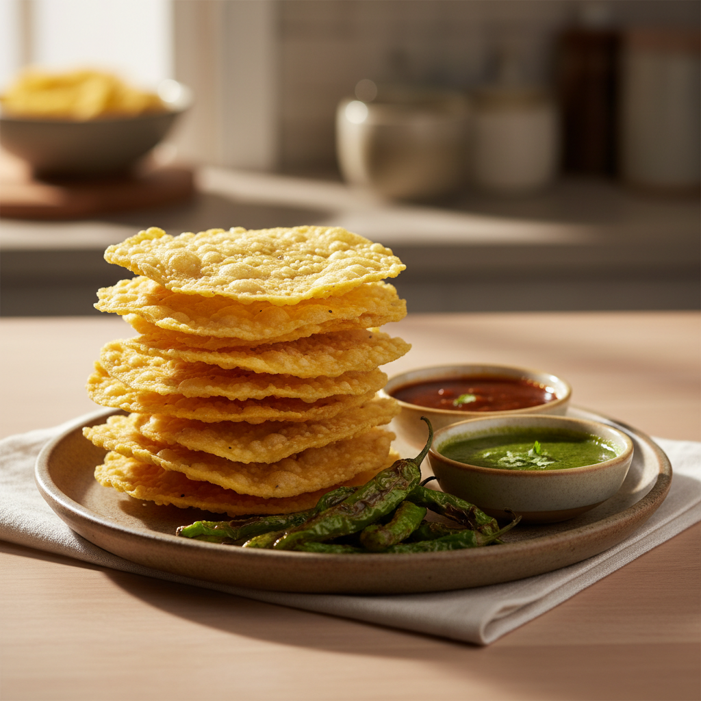 Crispy Gujarati fafda served with fried green chiles and chutney