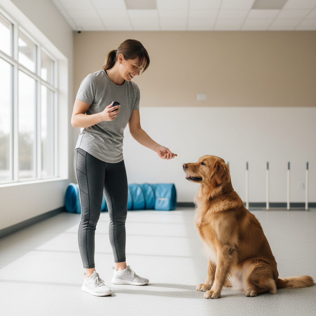 Dog trainer using a clicker during positive reinforcement training