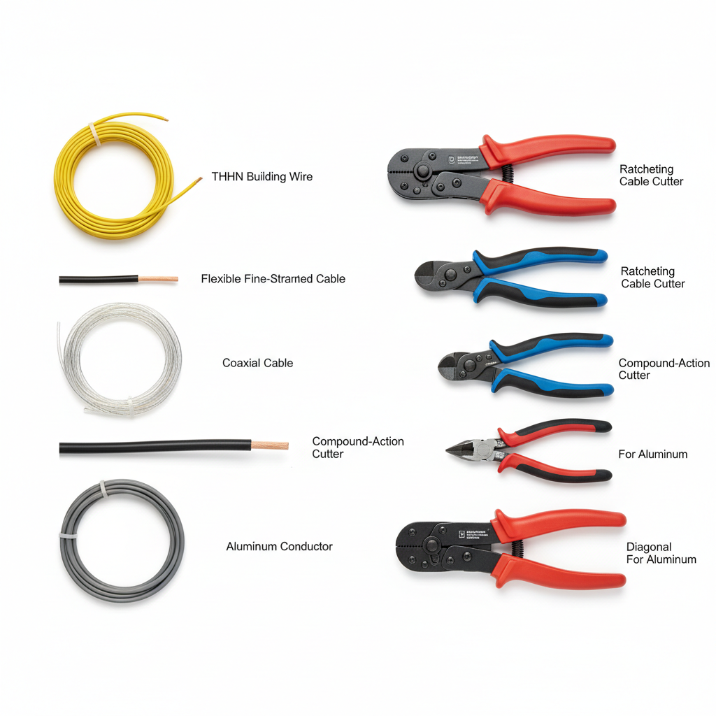 Different electrical wire types and cable cutter styles comparison layout