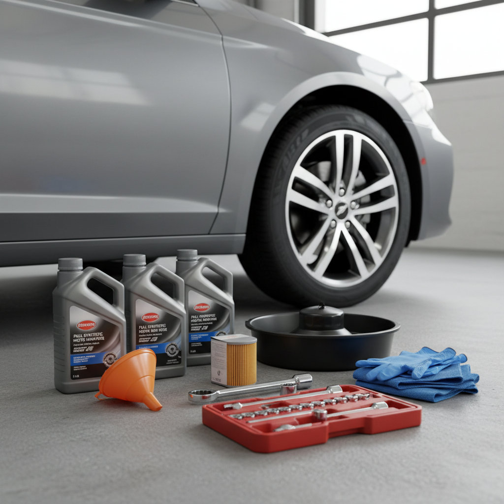 Beginner car oil change setup with tools, oil, and drain pan