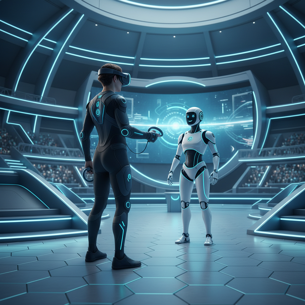 VR player facing a friendly robot in a futuristic game arena